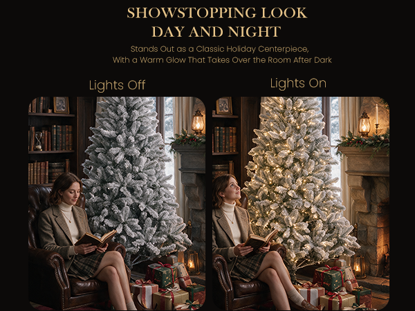 Side-by-side comparison of a white flocked Christmas tree with lights off and warm LED lights on, highlighting the snowy branches and festive glow.