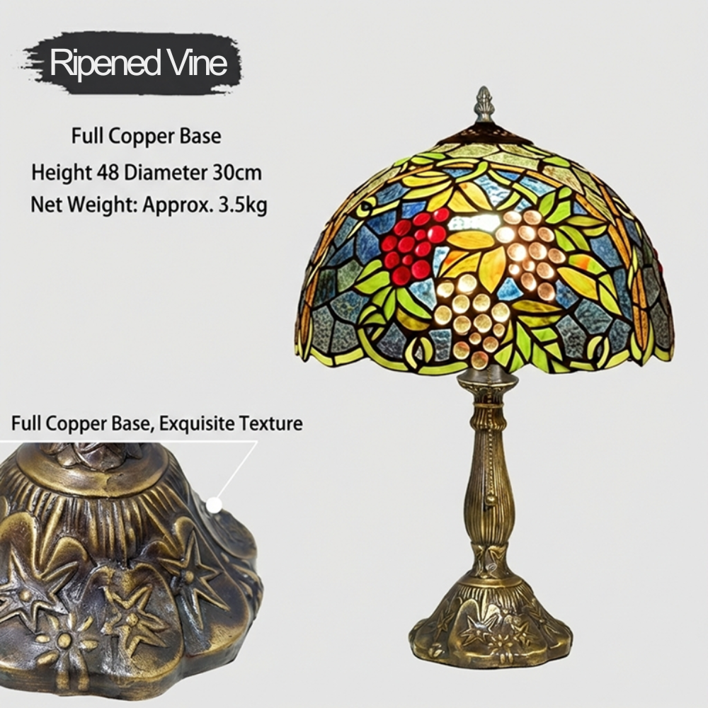 Grape cluster stained glass table lamp enhancing warm wine themed dining room ambiance with rustic lighting