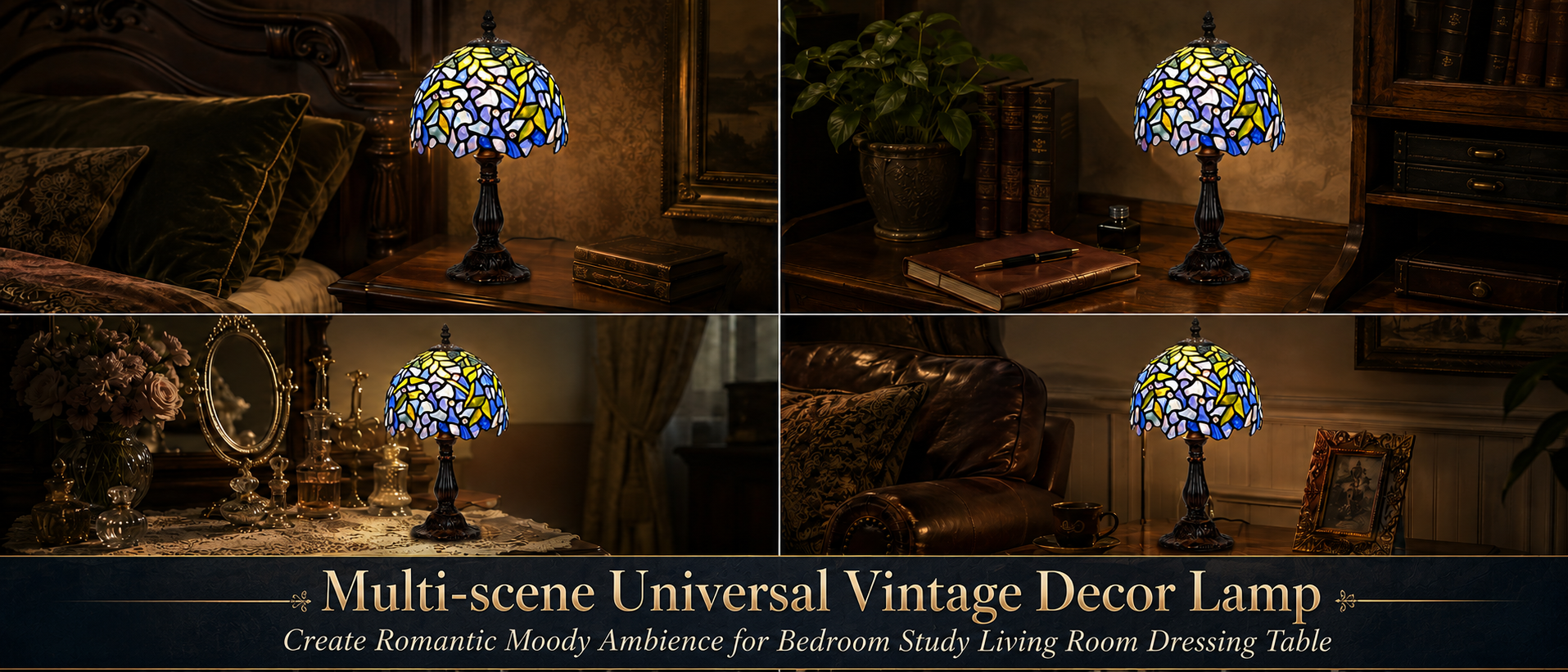 Wisteria stained glass accent lamp displayed across bedroom, study, vanity and living room settings with warm vintage ambience