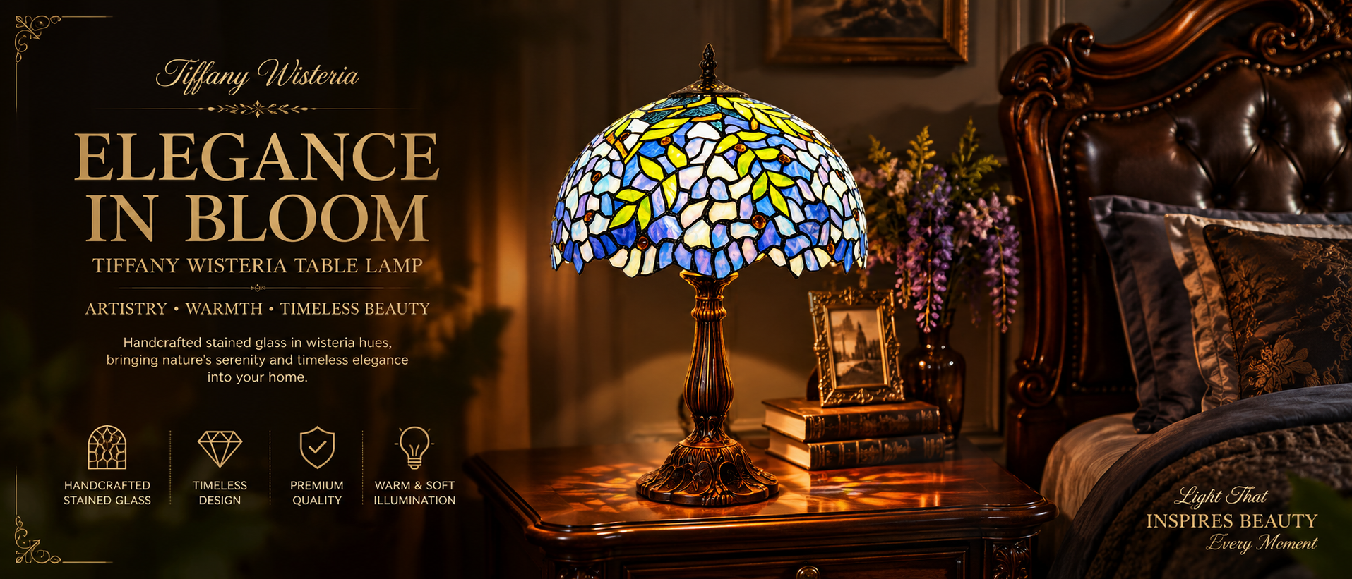 Wisteria bedside lamp on a bedroom nightstand providing soft ambient light and classic vintage elegance