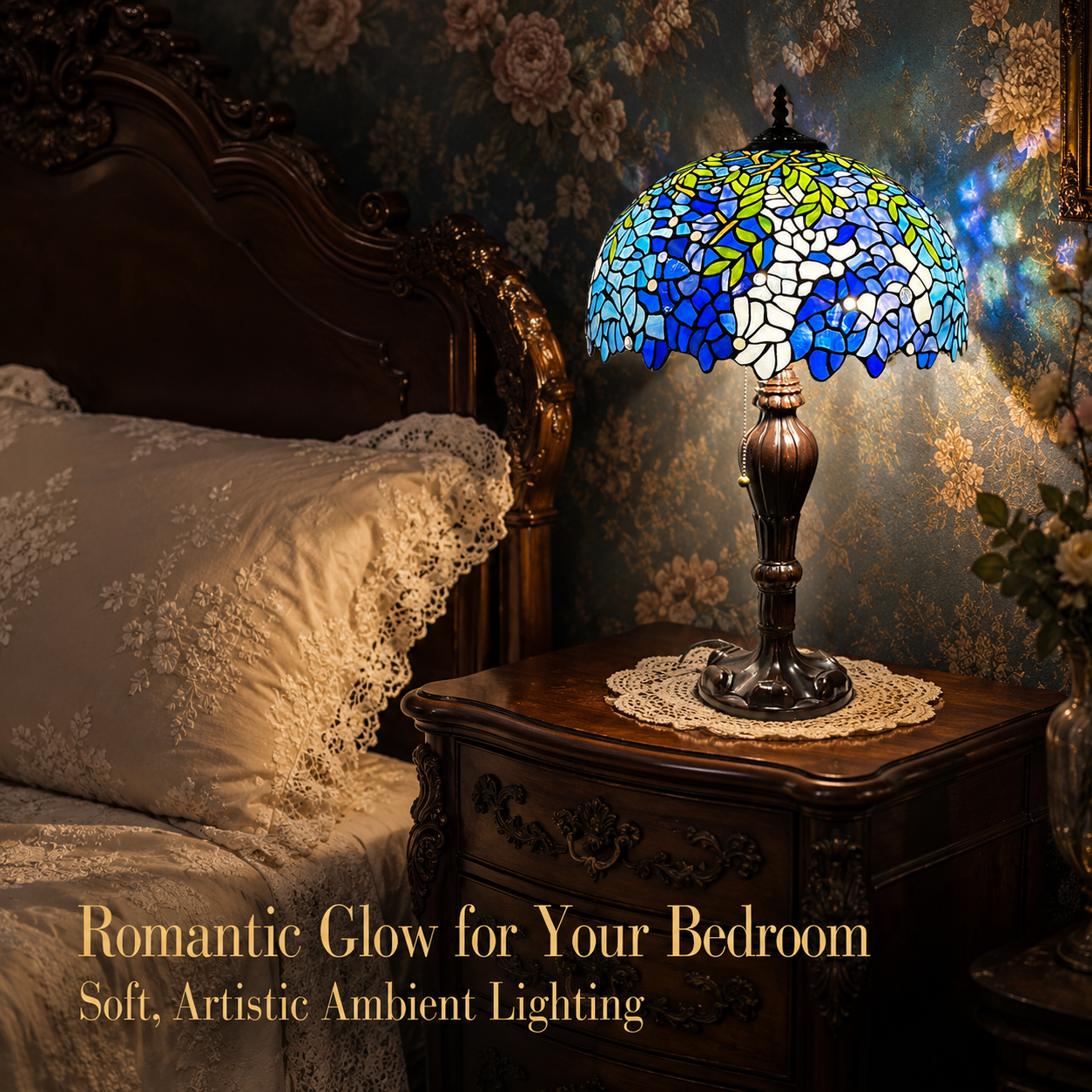Wisteria floral Tiffany lamp creating romantic ambient lighting beside an elegant vintage bedroom table