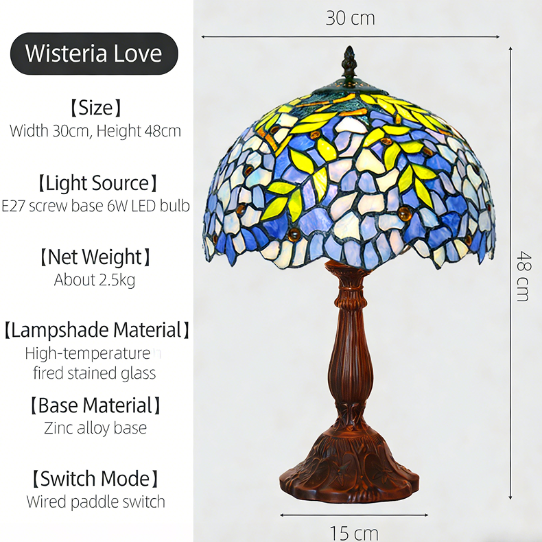 Wisteria Floral Tiffany table lamp featuring flowing blue stained glass petals with antique bronze base and romantic glow