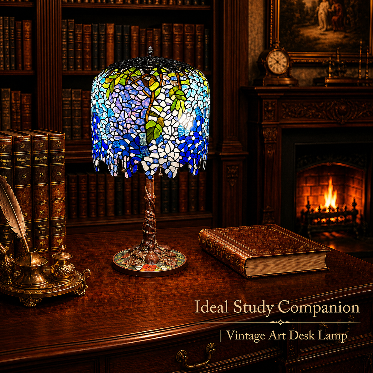 Wisteria stained glass desk lamp placed in an elegant study room with classic vintage interior decor