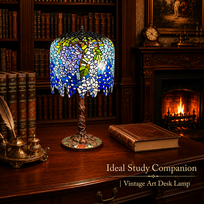 Wisteria stained glass desk lamp placed in an elegant study room with classic vintage interior decor