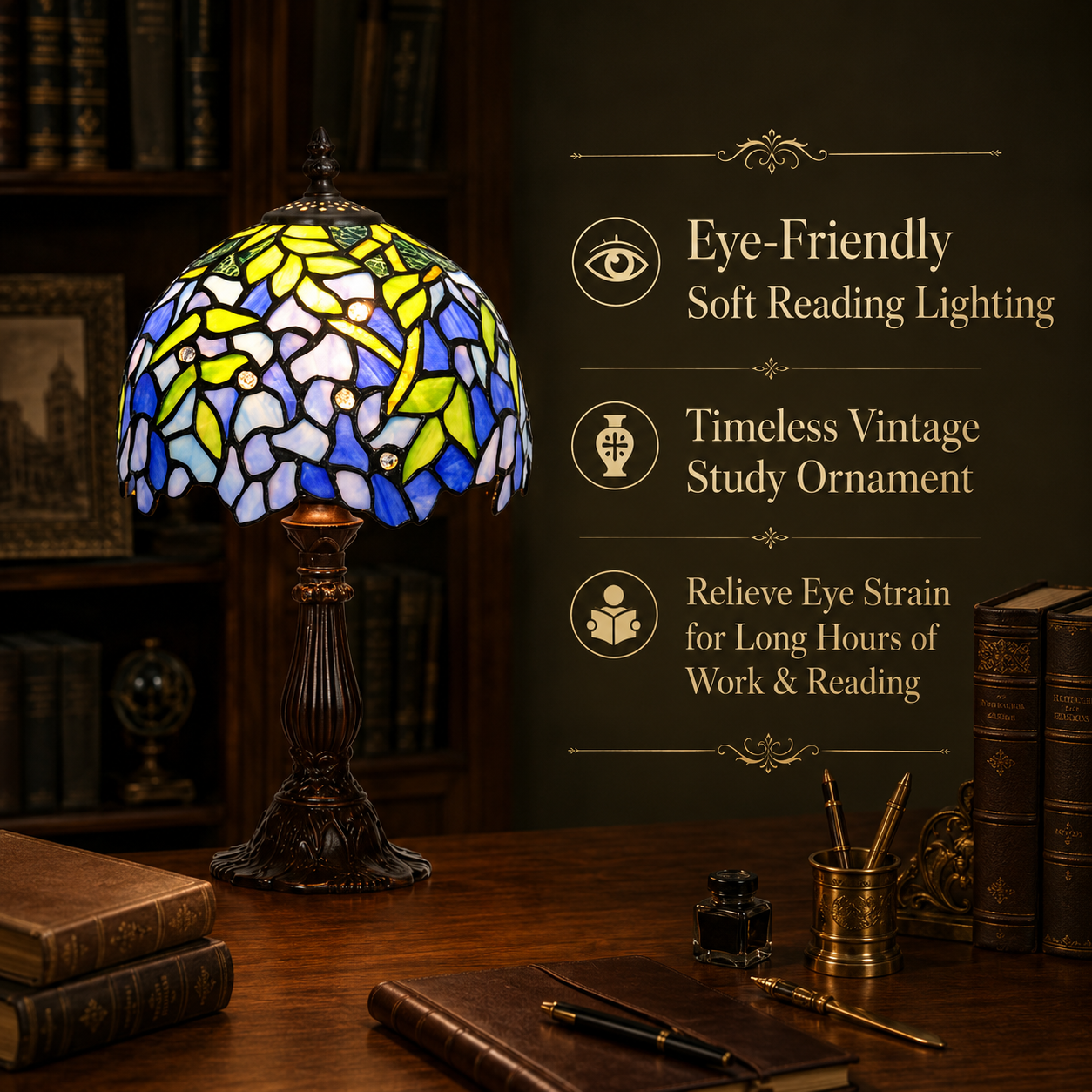 Tiffany style wisteria stained glass reading lamp providing soft warm light on a vintage study desk
