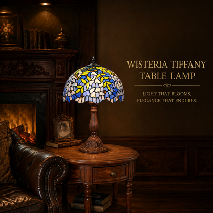 Wisteria stained glass table lamp in vintage living room setting with antique furniture and warm decorative lighting