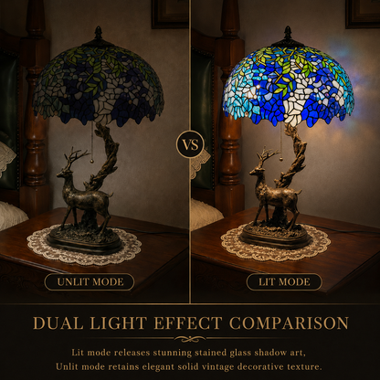 Wisteria Tiffany table lamp used as a vintage bedside lamp creating warm ambient lighting in an elegant bedroom