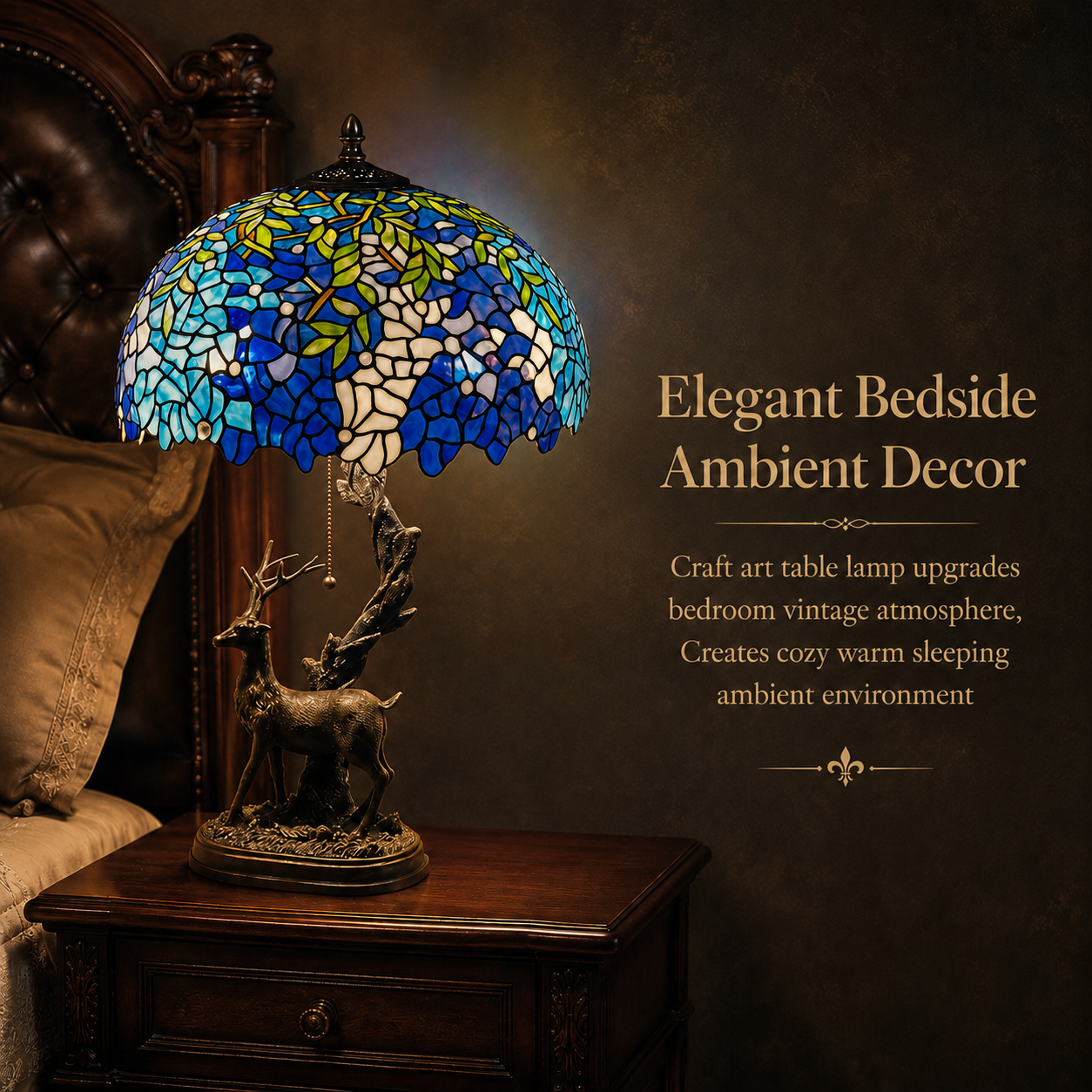 Wisteria Tiffany table lamp used as a vintage bedside lamp creating warm ambient lighting in an elegant bedroom