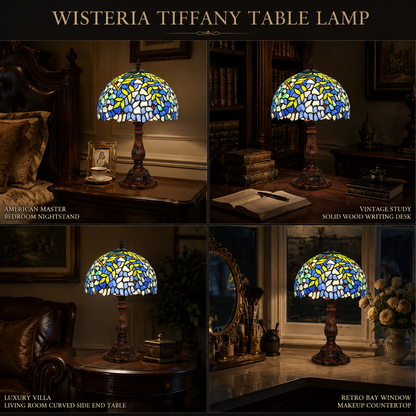 Wisteria Tiffany bedside lamp displayed in bedroom study and living room spaces as vintage stained glass home decor lighting