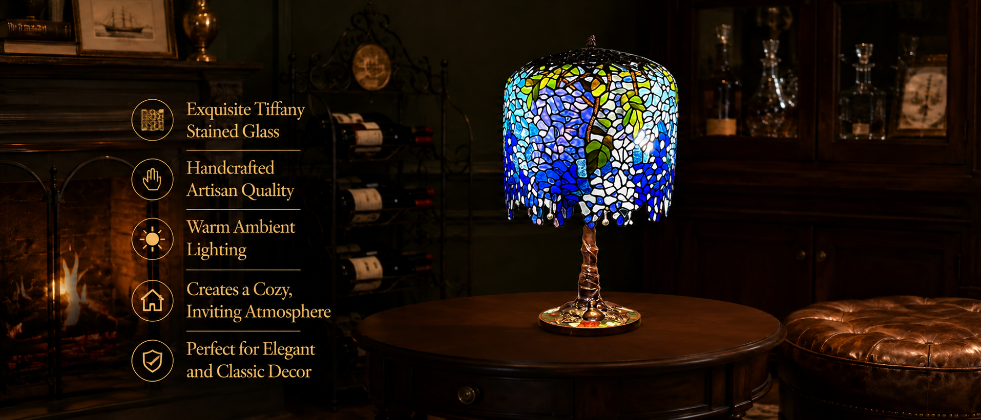 Wisteria Tiffany lamp with handcrafted stained glass shade creating warm ambient lighting in classic home interior