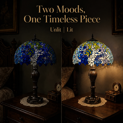 Wisteria Tiffany lamp showing warm illumination effect with stained glass colors in off and on lighting modes