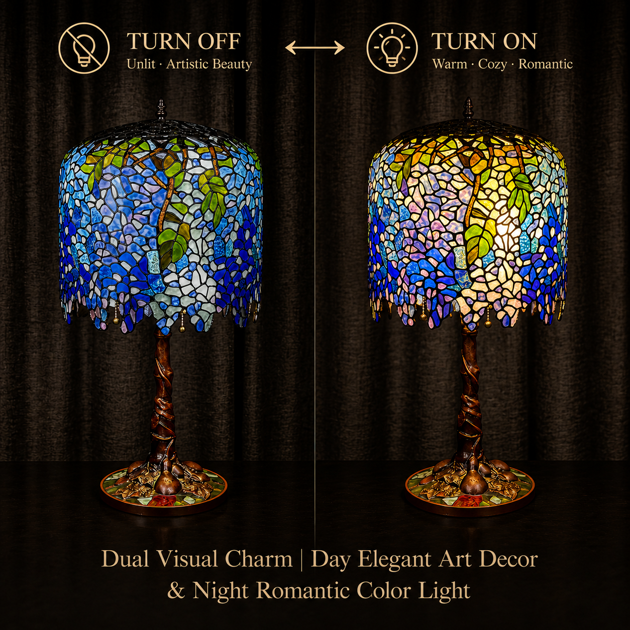 Wisteria Tiffany lamp showing warm glow lighting effect when turned on and elegant stained glass appearance when off