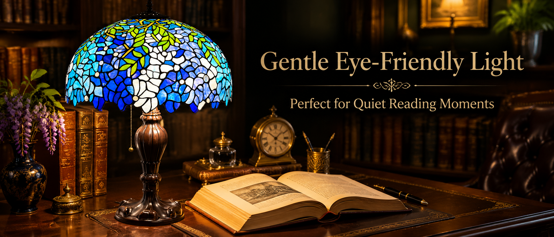 Wisteria Tiffany reading lamp creating soft eye-friendly lighting in an elegant vintage study room with books and wooden desk