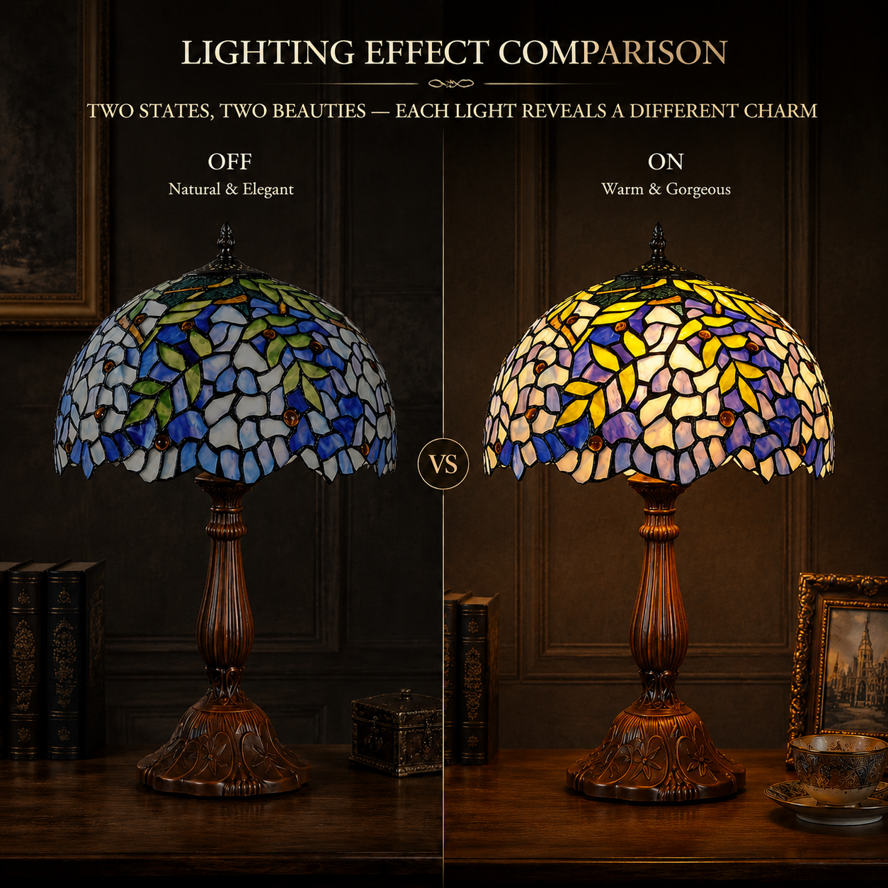 Wisteria Tiffany table lamp showing off and on lighting effect with warm stained glass glow for bedroom nightstand decor