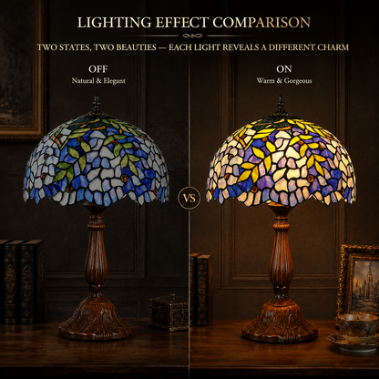 Wisteria Tiffany table lamp showing off and on lighting effect with warm stained glass glow for bedroom nightstand decor