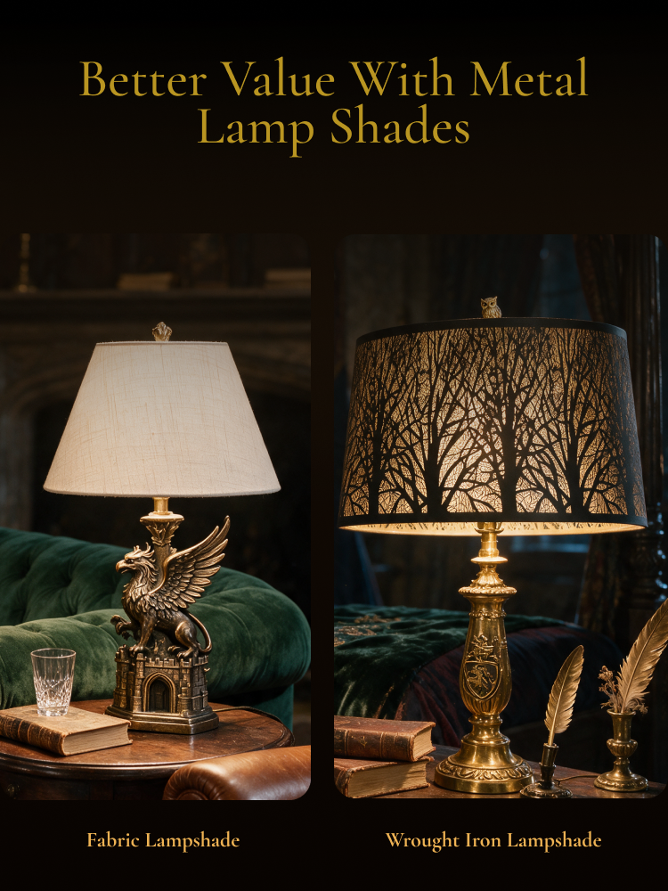 Better value with black wrought iron metal lamp shade vs fabric lampshade, durable oversized oval shade for long-term use